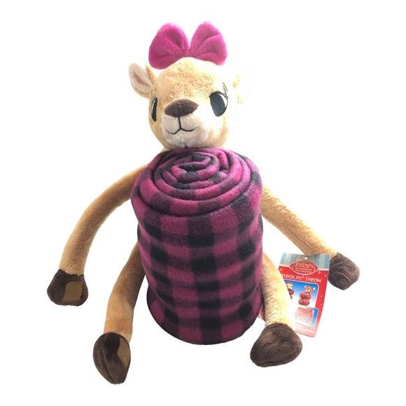 Dan Dee Toy Plush Rudolph Red Nosed Reindeer Clarice Fleece Throw Pink Checked - Picture 3 of 13